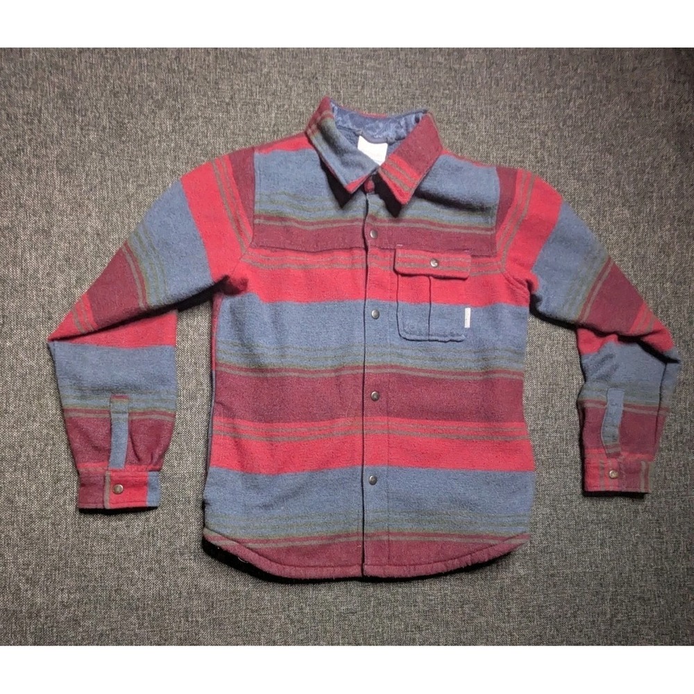 Columbia Snap Up Fleece Jacket Youth Medium Red Black Flannel Pockets Collared